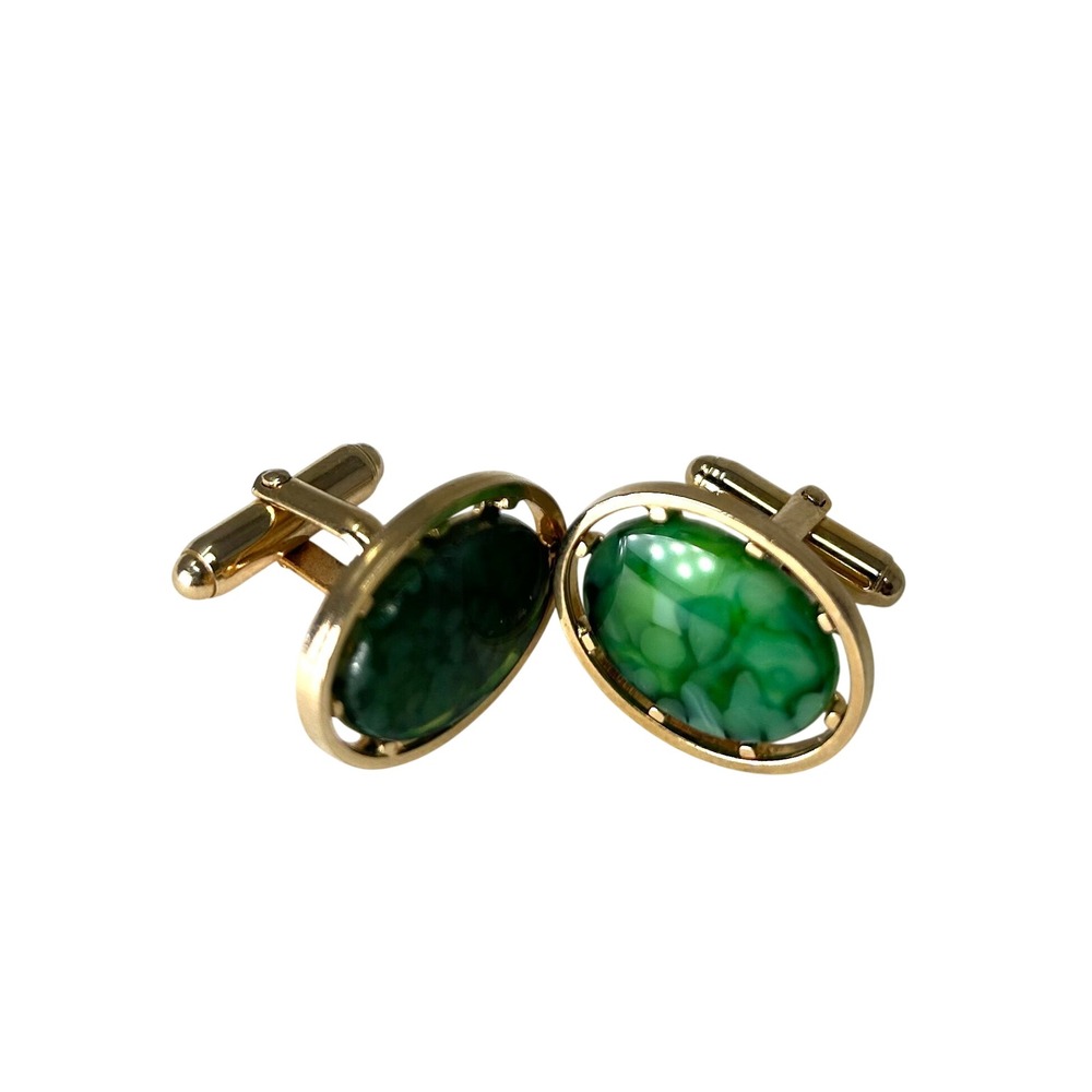 Vintage Gold Tone Green Marbled Semi Precious Oval‎ Cufflinks Mid Century Modern